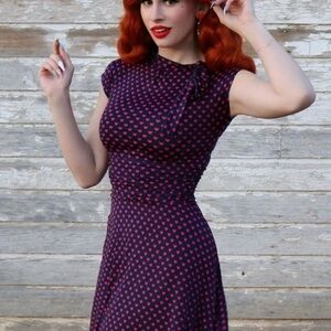 Retrolicious Bombshell Navy and Red Heart Print Bow Tie Dress size M
